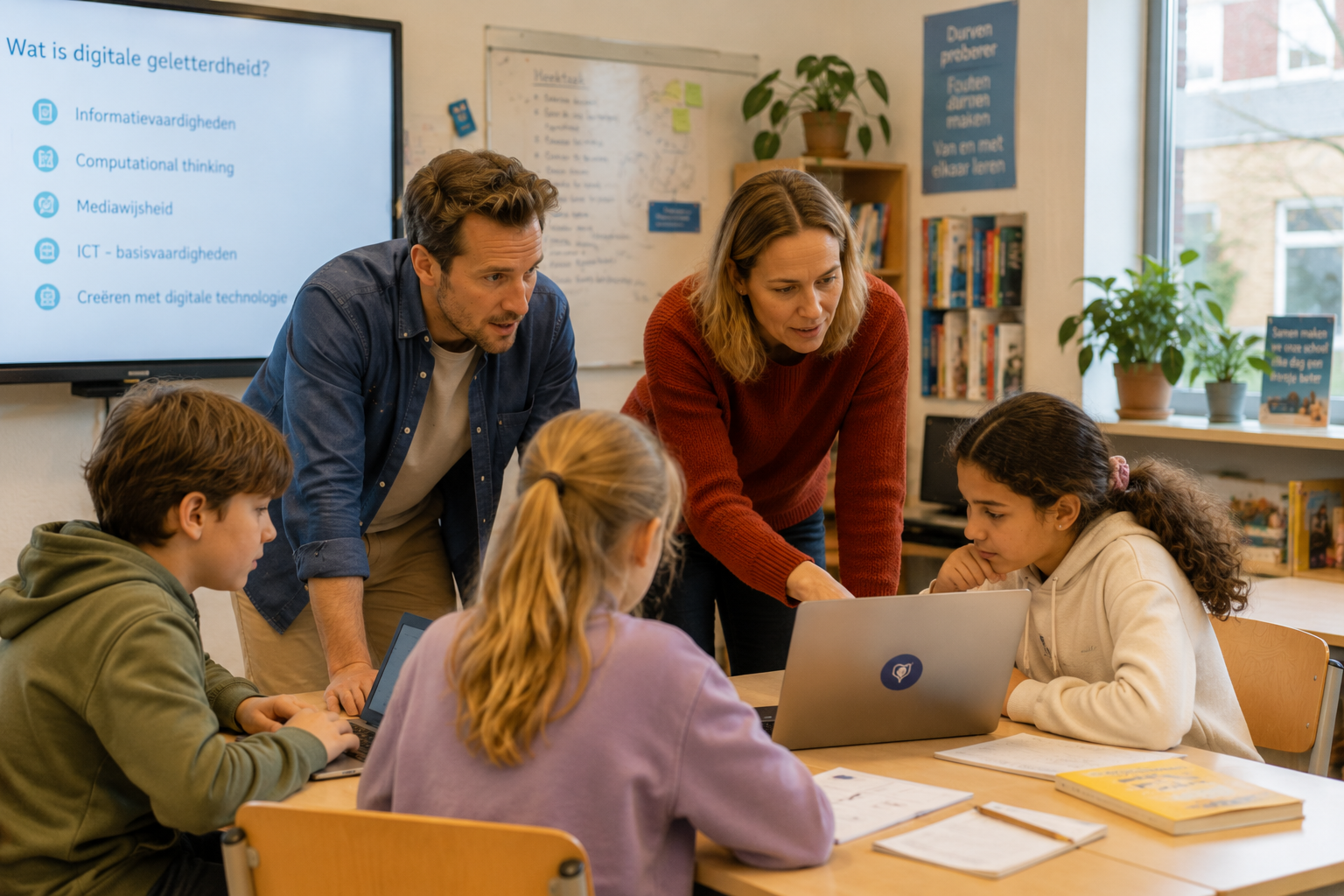 Adviseur & leerkracht begeleiden een groepje leerlingen